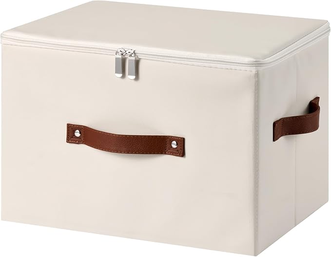 Storage Bin Box with Zippered Lid Decorative PU Leather Basket | Foldable Washable Stackable Clothing Container, Lidded Shelf Closet Organizer, with Handles & PP Plastic Boards, Beige-Large