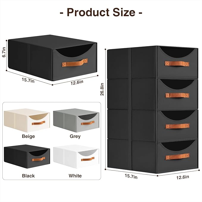 Homsorout Stackable Storage Drawers - Large Collapsible Storage Bins with Drawers, 6 Pack Closet Shelf Organizer Basket, Fabric Pull Out Organizer for Bedroom, Living Room, Dorm, Black