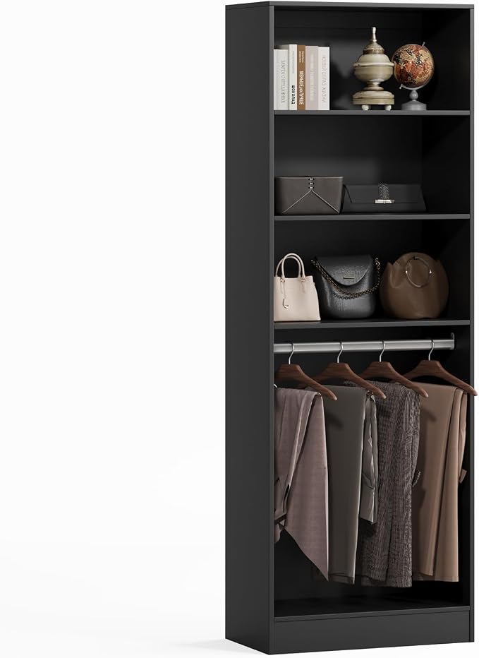VOWNER 25'' Closet Organizer System Small Freestanding Closet System | 3 Adjustable Shelves, 1 Hanging Rod, Black Modular Closet System for Small Closet, Space-Saving, Easy Assembly