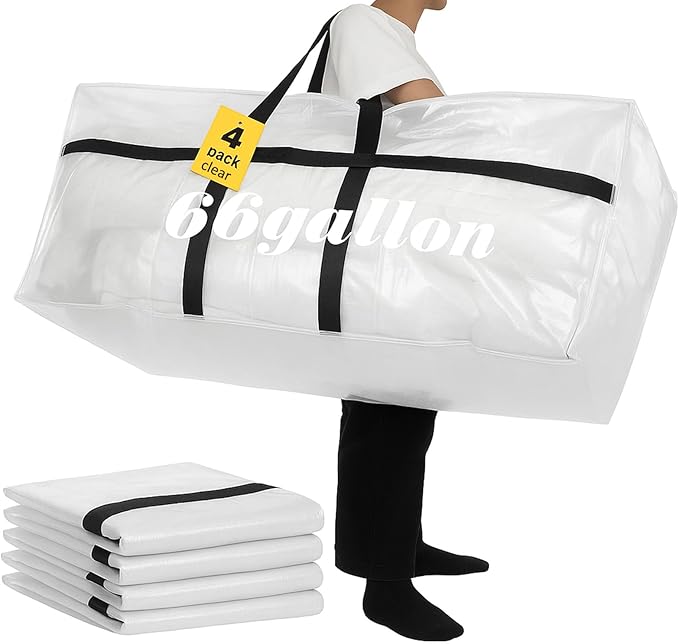 4 Pcs 66 Gallon Extra Large Moving Bags Heavy Duty Storage Bag with Strong Zipper Handle Foldable XXL Jumbo Storage Tote Packing Moving Box for College Dorm Travel Cloth Duffle (Clear)