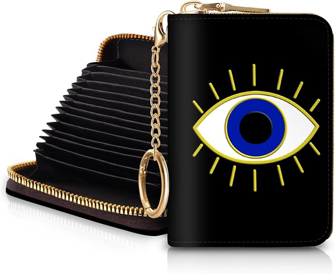 Blusabaca RFID Credit Card Holder Small Women Travel Wallet, Evil Eye | Removable Keychain, Case with Zipper, Vegan PU Leather, Cash Coin Pocket, Business Accordion Purse, Ladies Female Gift