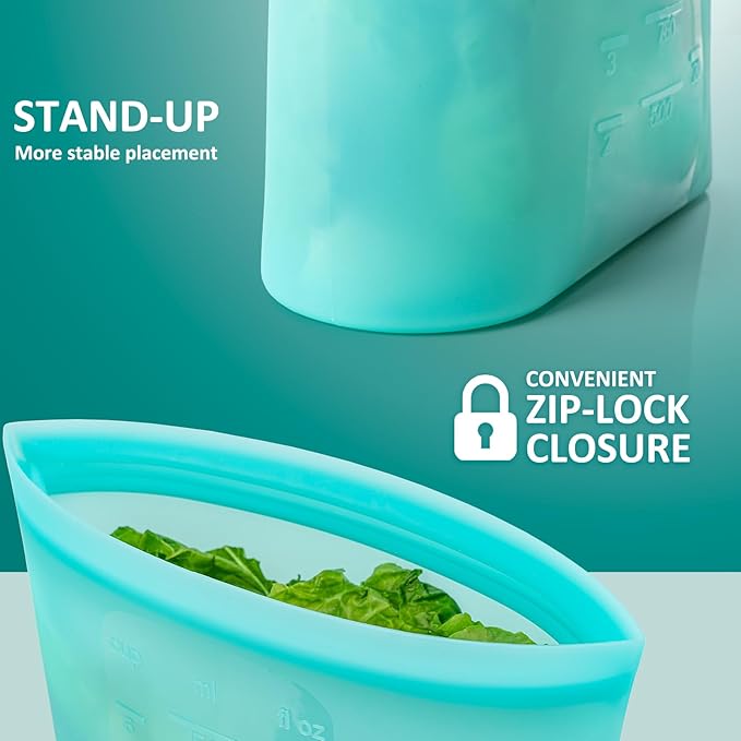 8-Pack Reusable Silicone Food Storage Bags, 100% Silicone Stand-Up Wide-Open Zip-Lock Reusable Storage Bags for Food, Freezer Microwave Oven Dishwasher Safe, Aqua, 4M 2S 2XS