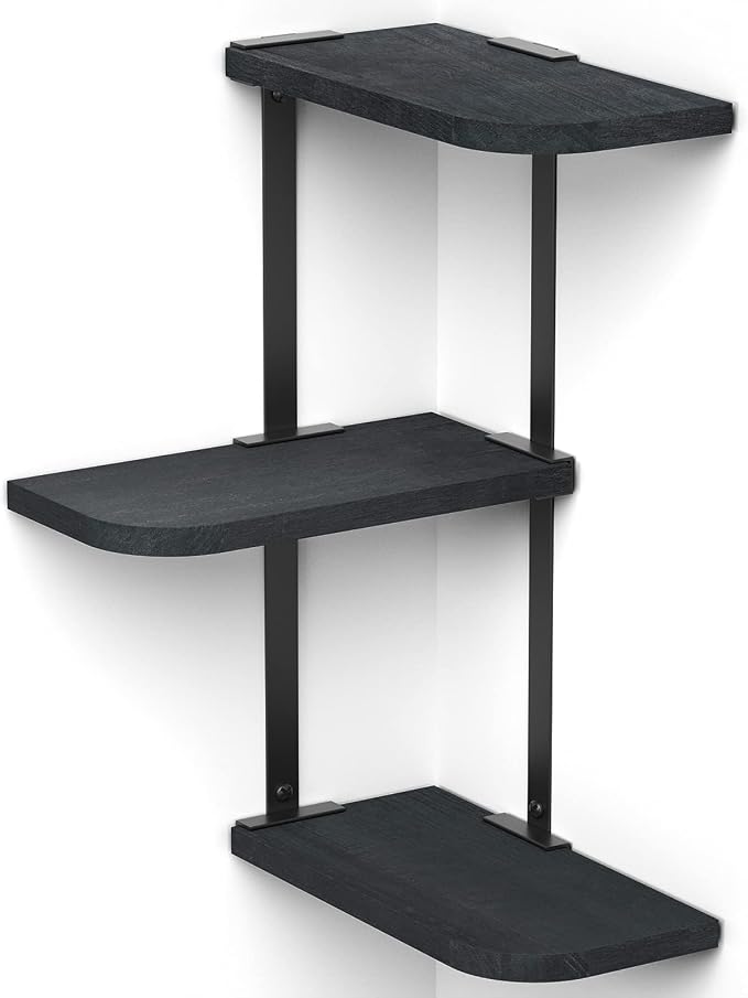 Love-KANKEI Corner Wall Shelf 3 Tier,Solid Wood with Bracket,17" Tall,Black | Floating Wall Shelves,Easy to Install,Capacity 26 Lbs,For Bedroom Living Room Bathroom Kitchen Office Display,Wall Decor