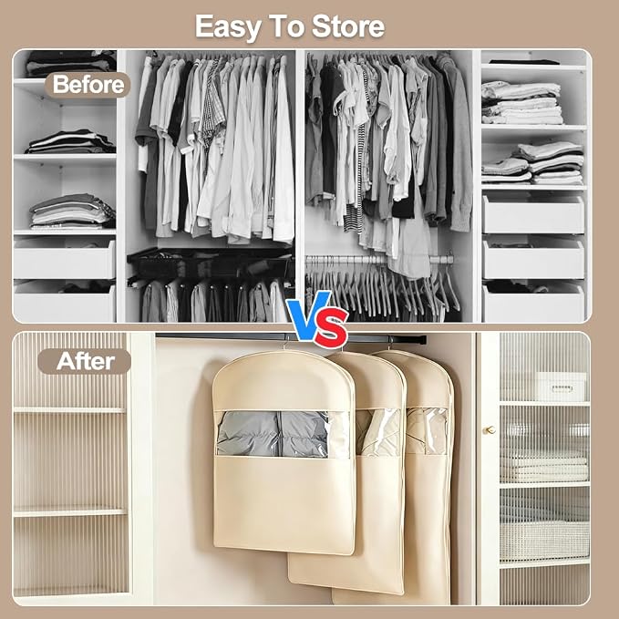 3PCS Space Saving Hanging Garment Bag with Self Compression Zipper, Cotton Garment Bag with A Clothes Roller Sticky and 12PCS Clips, Compression Down Jacket Storage for Suits, Padded Clothes, Shirts