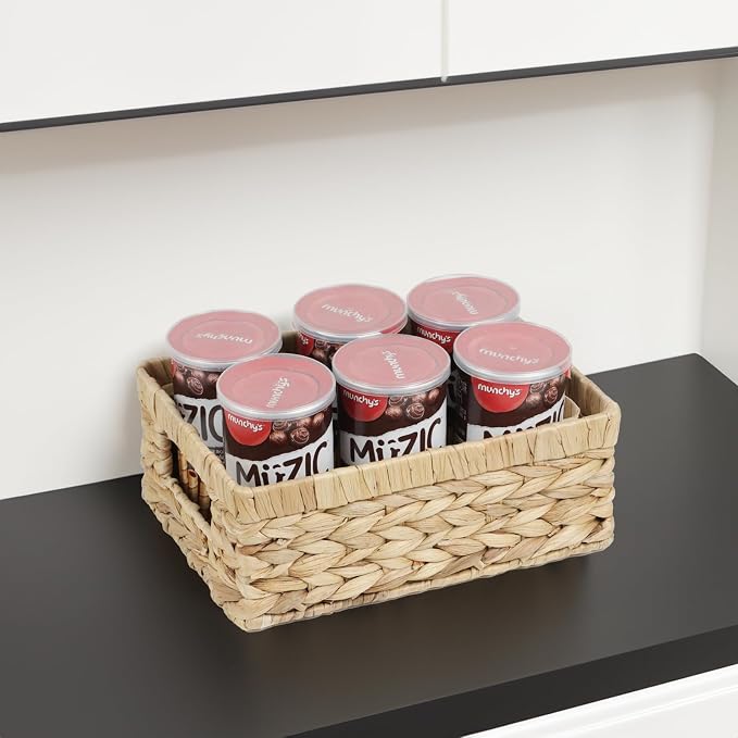 Wicker Baskets, Baskets for Organizing, Rattan Woven Basket for Storage, Organizer Bins with Built-in Handles, Storage Basket for Shelves (Water Hyacinth, Small)
