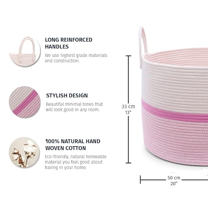 OrganiHaus Large Woven Storage Basket for Blankets and Toys 20" x 13" Inch, Rope Laundry Basket with Handles, Cushions & Pillows Storage Bin, Nursery Hamper, Soft Round Dog Toy Bin - Pink Stripe