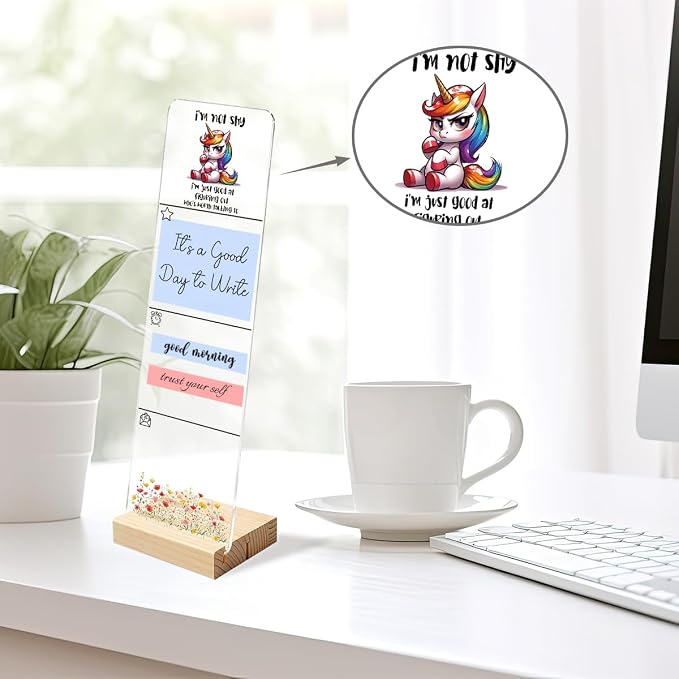 Sticky Note Holder, Monitor Memo Board, Acrylic Post It Note Holder with Wooden Base, Includes 200 Notes, Desk Organizer, Funny Unicorn Quote “I’m Not Shy”