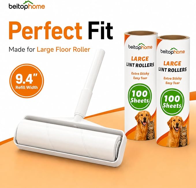 Large Lint Roller Refills, 9.44-Inch Wide, 200 Sheets | 2 Extra Sticky Replacement Rolls for Pet Hair, Refills Only