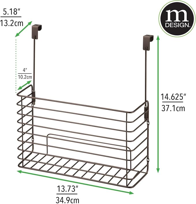 mDesign Over The Cupboard Hanging Storage Basket – Metal Bakeware Organiser and Cutting Board Holder – Excellent Kitchen Storage Solution – Bronze