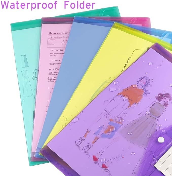 Sooez 6 Pack Folders Plastic Envelopes, Clear Plastic File Folder for Document, Letter A4 Size Poly File Envelopes with Label Pocket, Snap Button for Home Work Office Organizer, 6 Colors