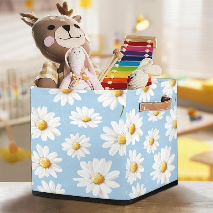TropicalLife Floral Daisy Storage Cube, 13 Inch Fabric Cube Storage Organizer Bin for Shelves Clothes, Decorative Foldable Storage Boxes