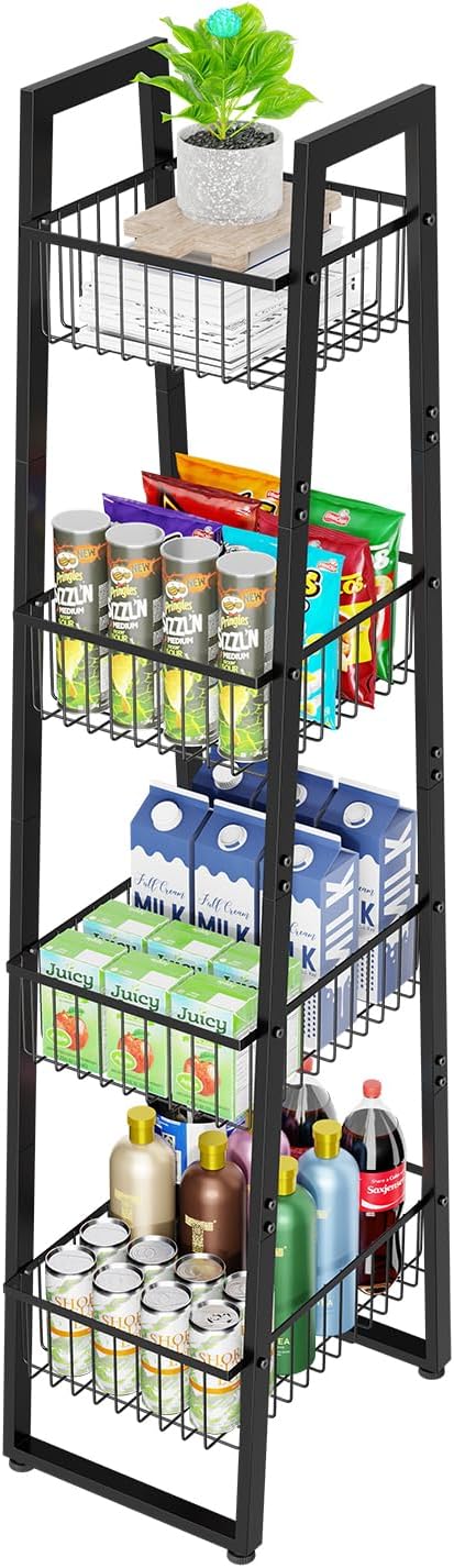 Simple Trending 4 Tier Wire Market Basket Standw, Fruit Basket Storage Stand for Vegetables, Bread, Onions, Potatoes, Black