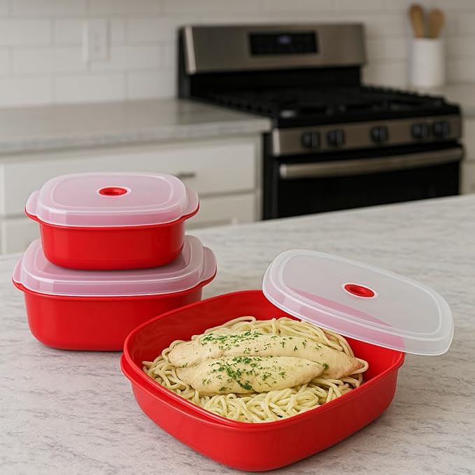 Reston Lloyd Nesting Microwave Containers, Set of 3, Adjustable Steam Vents, Airtight, Meal Prep, Durable BPA-Free Plastic- Freezer & Dishwasher Safe, Cookware & Food Storage, Anyday Cookware, Seafoam