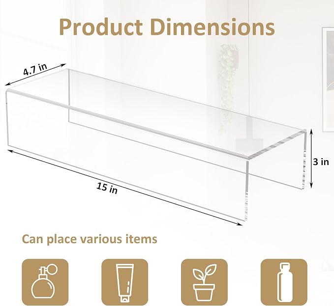 Acrylic Shelf Riser 15x4.7x3 pack of 2, Desktop Rectangular Acrylic Tray Pedestal Stand for Home Décor, Figures, Manga or Other Collectibles, 15x4.7x3 Inch