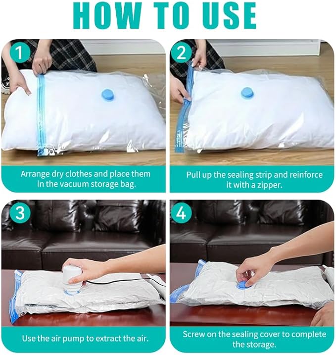 Vacuum Storage Bags, 10 Pack with Electric & Manual Pump, Space Saver Compression Bags for Clothes, Blue and White, Nylon, 4 Medium 4 Large 2 Jumbo, (Electric Pump)