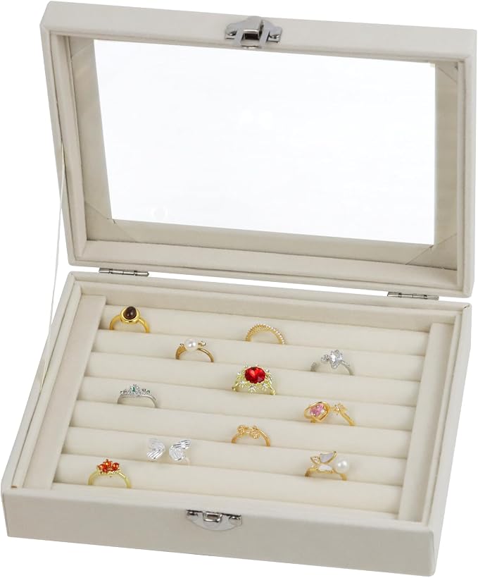 Fordonral Velvet Jewelry Organizer Box, Jewelry Drawer Organizers Trays, Earring Ring Necklace Holder Display Case (Beige, Ring Box)