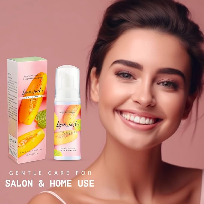 Lyon Lash Eyelash Extension Shampoo (Peach), Gentle Formula Paraben & Sulfate Free, Oil Free Foam Cleanser Kit | Remove Eye Makeup & Oil & Dust | Professional Salon And Home Use (60ml + 1 mascara wand + 1 cleansing brush)