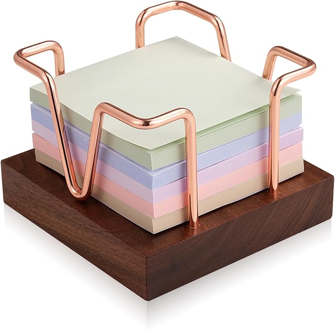 Wood Sticky Note Holder, 3 x 3 inch Self-Stick Note Memo Pad Holder for Desk, Notepad Dispenser for School Office, Rose Gold