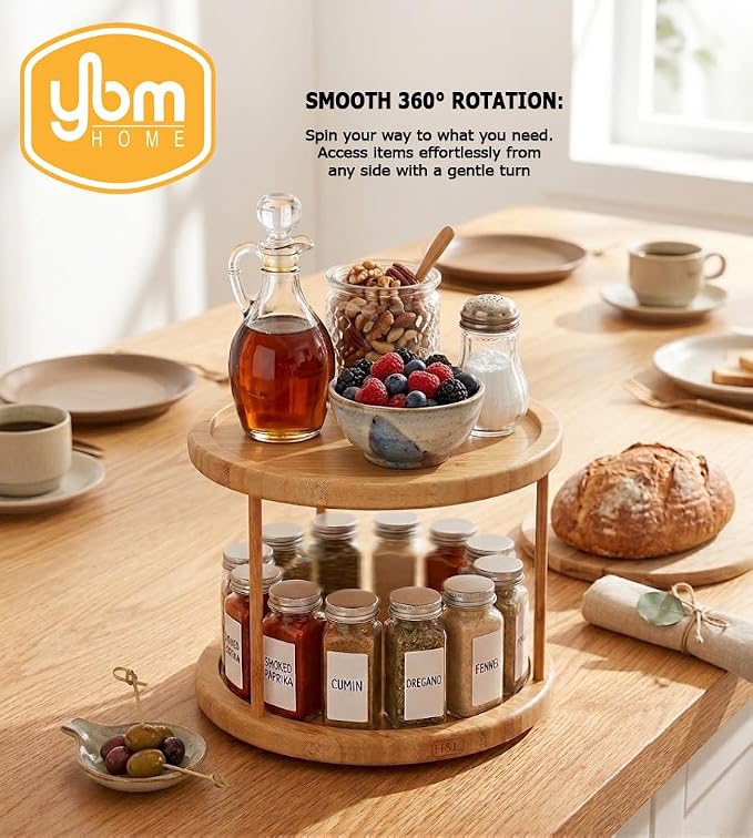YBM Home Bamboo Wooden Non-Skid Spinner for Kitchen, Pantry, Fridge, Cupboards, or Counter Organizing, Fully Rotating Organizer