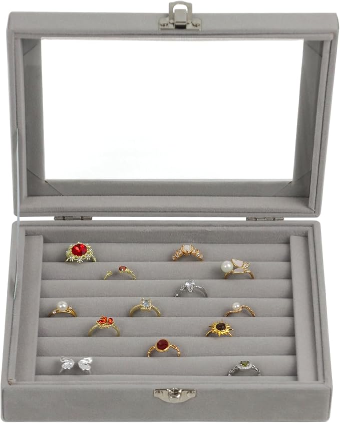 Fordonral Velvet Jewelry Organizer Box, Jewelry Drawer Organizers Trays, Earring Ring Necklace Holder Display Case (Gray, Ring Box)