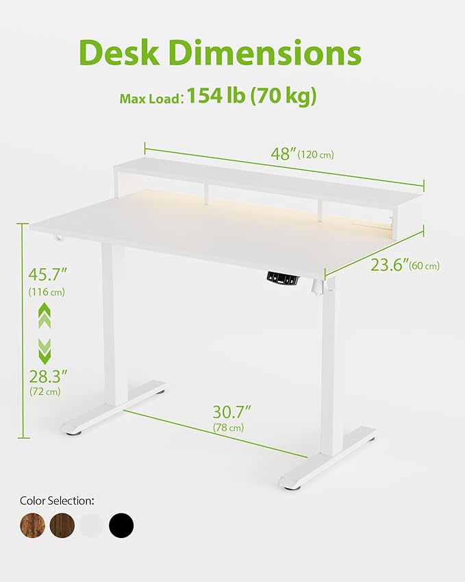 Agilestic 48x24 Inch Electric Standing Desk with Shelf, Height Adjustable Desk with Power Outlets & LED, Sit Stand Up Table with Monitor Stand, Computer Workstation, White