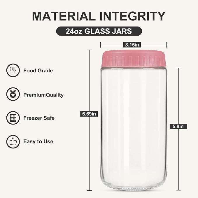 SHOWIN Overnight Oats Containers with Lids, 24oz Glass Jars with Lids 4 pcs, Candy, Wide Mouth Mason jars for Salad, Yogurt, Snacks, Meal Prep