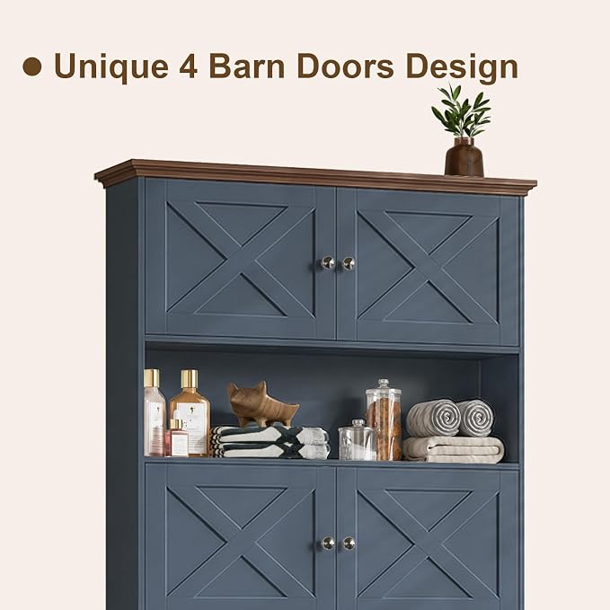 Halitaa Over The Toilet Storage Cabinet with Doors & Paper Holder, Blue | Halitaa Farmhouse Toilet Shelf Home Space Saver with 4 Barn Doors & Toilet Paper Holder Stand for Restroom, Bathroom, Laundry