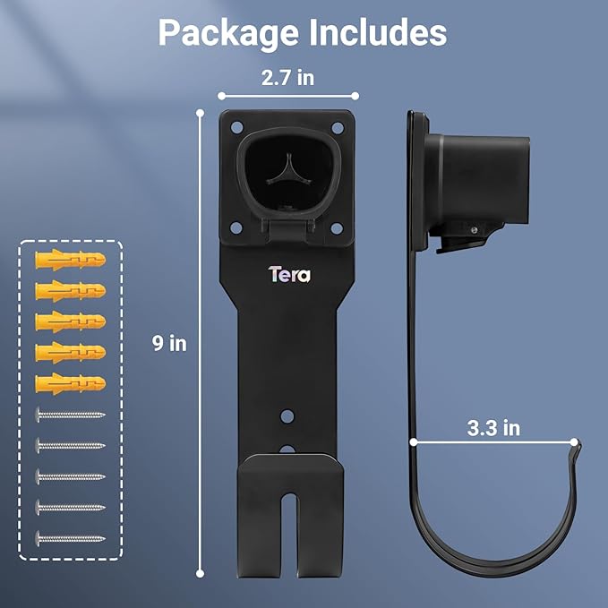 Tera EV Charger Cable Holder for Tesla: Waterproof Wall Mount Connector Organizer with J-Hook for Electric Vehicle Charging Station
