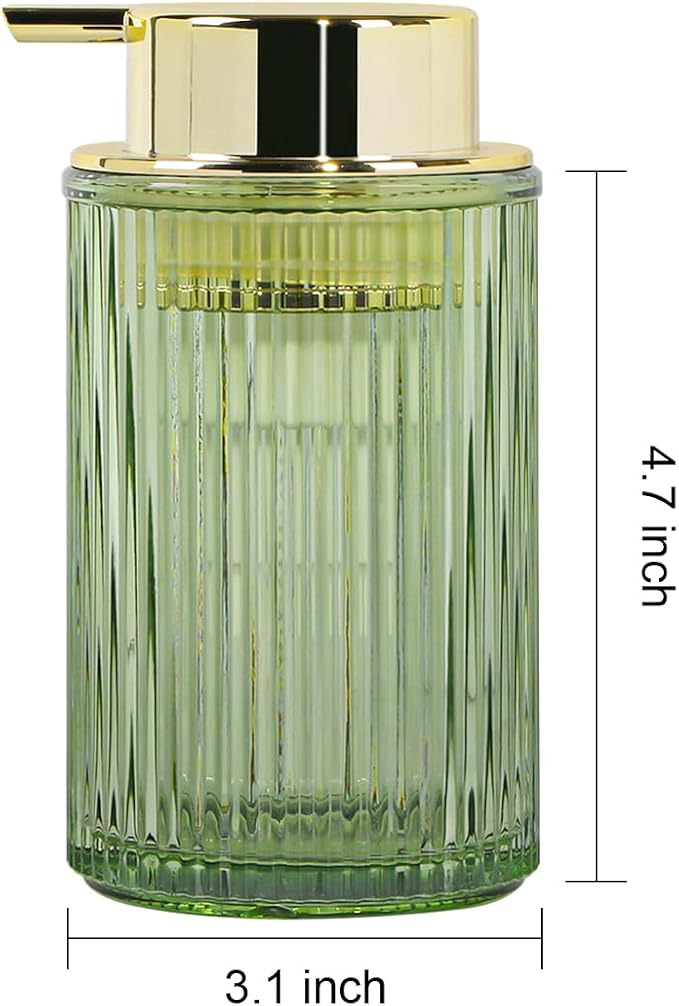 Foaming Soap Dispenser, Bathroom Green Glass Foam Soap Dispenser, Refillable 12 Oz Foam Pump Bottle Container with Gold Pump, Decorative Slim Ribbed Dish Soap Dispenser for Kitchen