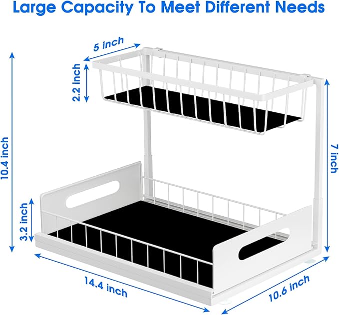2 Pack Under Sink Organizer, 2 Tier Pull-Out Cabinet Storage Shelf, Rust-Resistant Metal Organizer for Kitchen Bathroom Laundry Room, No Tools Installation, White