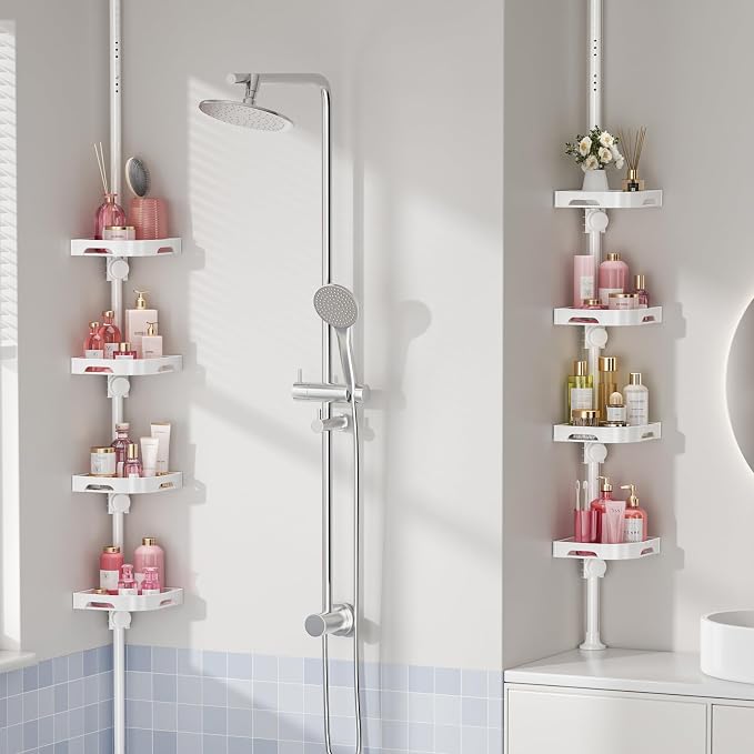 akinbas Tension Pole Shower Caddy Organizer with 4 Tier L-Shaped Rust Resistant Bathroom Corner Shelves with 34-124 Inch Adjustable No Drilling Quick Install Shower Rack for Bath Essentials (White)