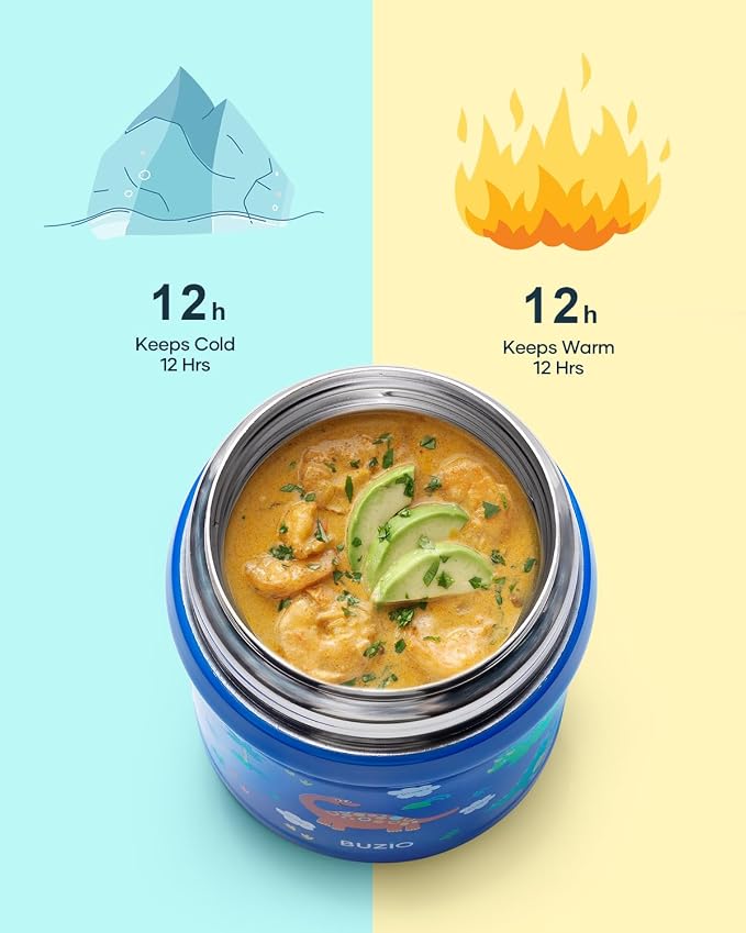 BUZIO Insulated Food Container for Kids Adult, 10oz Stainless Steel Vacuum Insulated Kids Food Jar with Folding Spoon, Leak Proof, Vacuum Insulated food jar, Portable Food Bowl, Blue Dinosaur