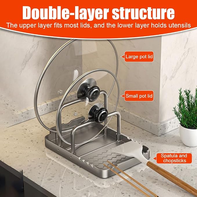MiOYOOW Pot Lid Holder, Chopping Board Rack with Spoon Rest Non-Slip Pan Organiser for Baking Tray Cookware Kitchen Barbecue