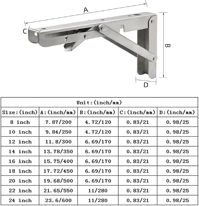 14 Inch Folding Shelf Brackets, 2 Pack Stainless Steel Heavy Duty L Bracket | Max Load 330 lb, Space Saving Design for DIY, Wall Mounted Collapsible Folding Shelf Bracket Support for Workbench, Garage