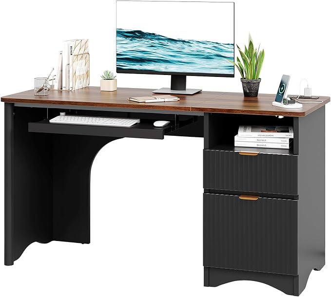 Bestier Computer Desk with Keyboard Tray, 55 inch Office Desk with Power Outlet, Modern Home Office Desk with File Drawer (Walnut with Black, 55" W with Single-Sided Drawers)