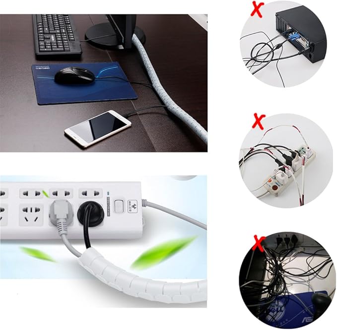 White Cable Wire Cover Cord Management Sleeve Electrical Wire Organizer Holder, VIWIEU Reusable & Expandable Desktop Spiral Tube Wire Hider with Cable Clips for TV Computer Home Entertainment