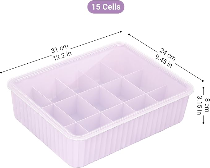 Cetomo 15 Cells Plastic Underwear Sock Drawer Organizer with Lid, Lidded Storage Box with Dividers for Bras and Socks, Basket for Closet, Stackable, Pink, 15 Compartments (31 x 24 x 8 cm)