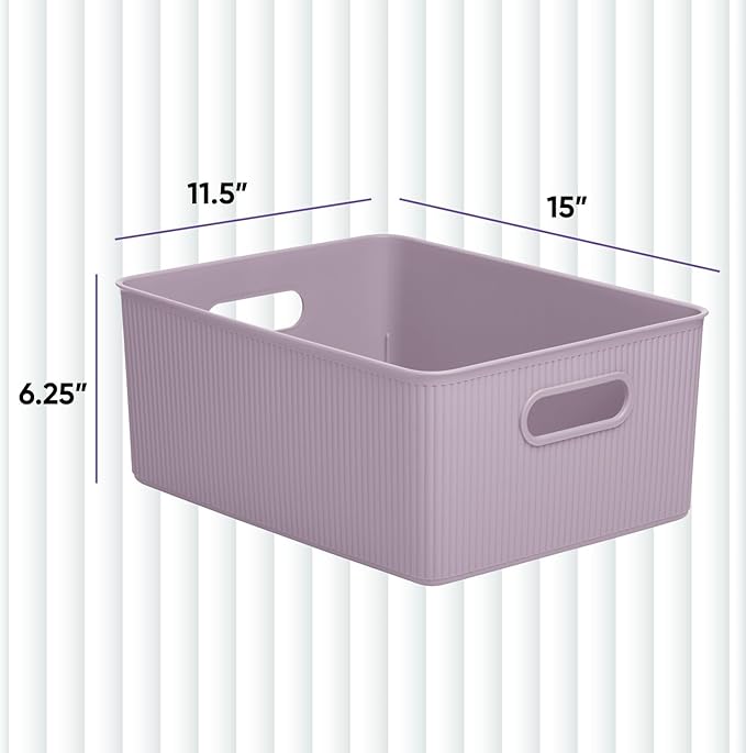 Superio Ribbed Collection - Decorative Plastic Basket Open Home Storage Bins Organizer, Large Lilac Purple (1 Pack) Container Boxes for Organizing Closet Storage Bins for Shelves 15 Liter/16 Quart