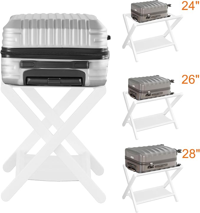 Heybly Luggage Rack, Pack of 2, Folding Suitcase Stand with Storage Shelf, Heavy-Duty Luggage Holder for Guest Room Bedroom Hotel, Holds up to 165 lb, White, HLR010W2