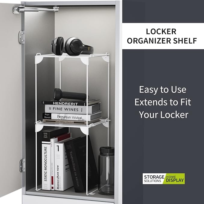 Neudeco Locker Shelf 2 Pack - Organizer for School Gym Office - White 12“ | Stackable, Extra Tall, Collapsible, Metal Mesh Build, Fits Standard Size