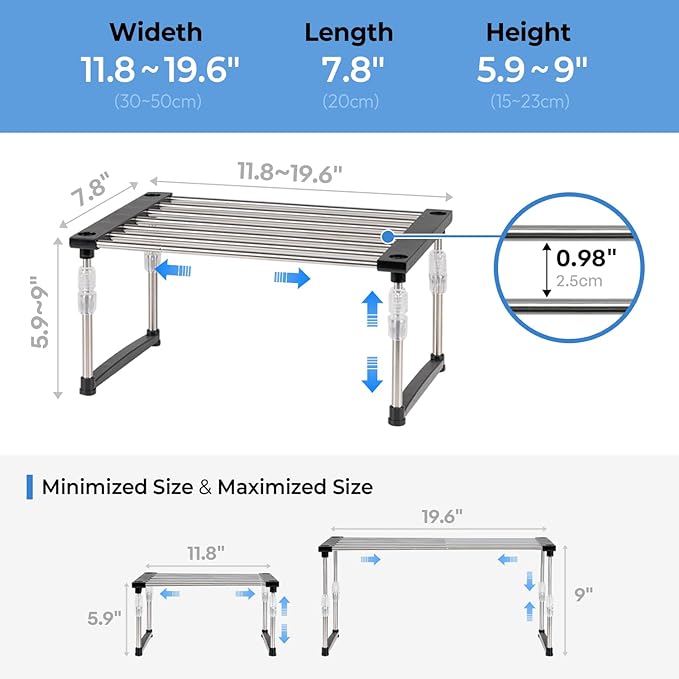 carrotez 2 Pack Expandable Cabinet Organizer, Set of 1 Width & Height-Adjustable Kitchen Cabinet Organizer Shelf, Stackable Kitchen Counter Shelf, 11.8~19.6 x 7.8 x 5.9~9" Black