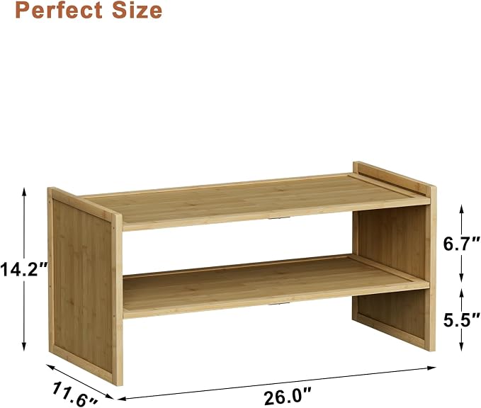 2 Tier Bamboo Shoe Rack, Compact Wood Shelf for Closet | Fits small corners. 6.7in height holds sneakers & heels. Multi-use for entryway, bathroom, kitchen.
