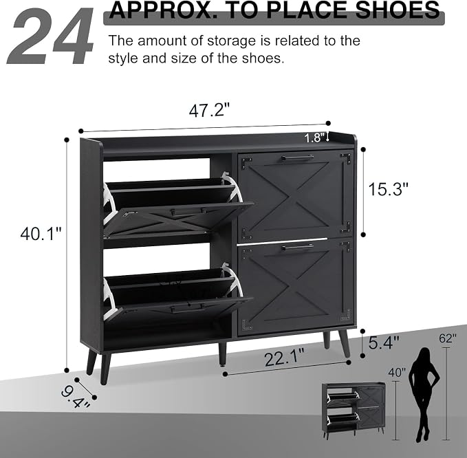 Barnyatoh Shoe Storage Cabinet,Farmhouse Shoe Organizer with 4 Flip Drawers & Barn Door Design,Freestanding Hidden Slim Narrow Shoe Rack Cabinet for Entryway,Foyer,Hallway,Black