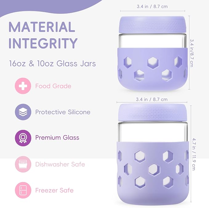 Gemice 8-Pack Overnight Oats Containers with Lids and Colorful Sleeves, 16 oz & 10 oz Airtight Glass Chia Pudding Mason Jars, Dishwasher Safe, Wide Mouth Meal Prep Jar for Yogurt Oatmeal