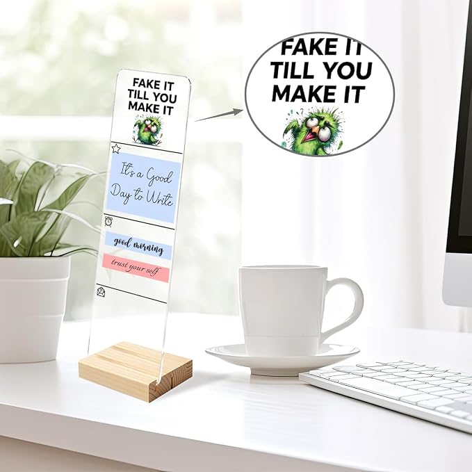 Monitor Memo Board, Sticky Note Holder, Sticky Note Board for Desk, Acrylic Desk Buddy with Wooden Base, Includes 200 Notes, Funny Fake It Till You Make It Green Bird Art for Office Desktop Decor