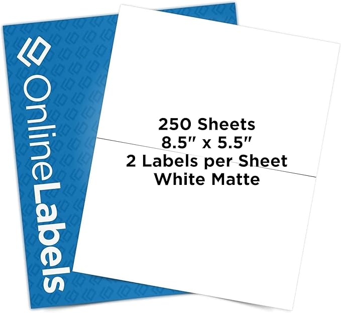 8.5 x 5.5 Half-Sheet Shipping Labels - Permanent, White Matte - for FBA, FedEx, UPS - Pack of 500 Labels, 250 Sheets - Inkjet/Laser Printers - Online Labels