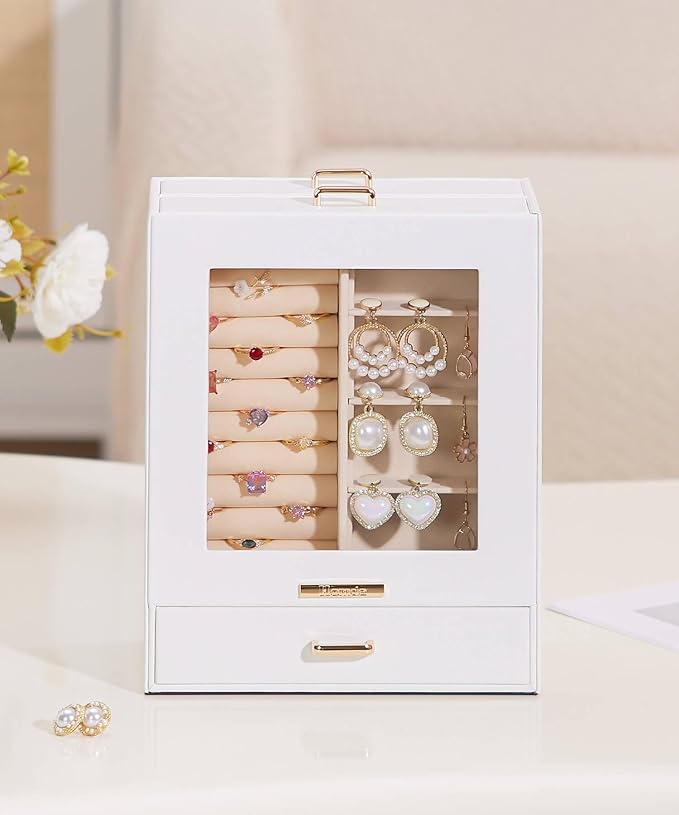 Homde Display Jewelry Box for Girls: Starter Organizer with Clear Window | Vertical Drawers for Earrings Rings Necklaces - Compact Footprint Fits Small Vanities - Birthday&Graduation Gift for Teens