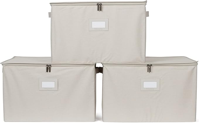 Covermates Keepsakes Zip-Top Storage Box Set, 3 Pack Heavy Duty Polyester Organizer Bins, Stackable Design, ID Window, Reinforced Handles, Closet Home Storage, Beige Heather