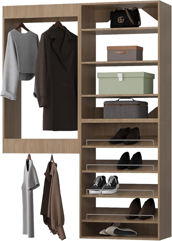 ROOMTEC Modular Closet System, 46" Wall Mounted Closet Organizer with Hanging Rods and Shoe Shelf, Wooden Tower for Walk-In Closets, Wardrobe Storage Kit, Wood