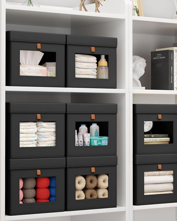 Homsorout Storage Bins with Lid – Closet Organizer with Side Opening and Clear Window, Foldable Stackable Fabric Basket for Clothes, Home, Office - 13.77" x 11.8" x 9.8", 6 Pack, Black